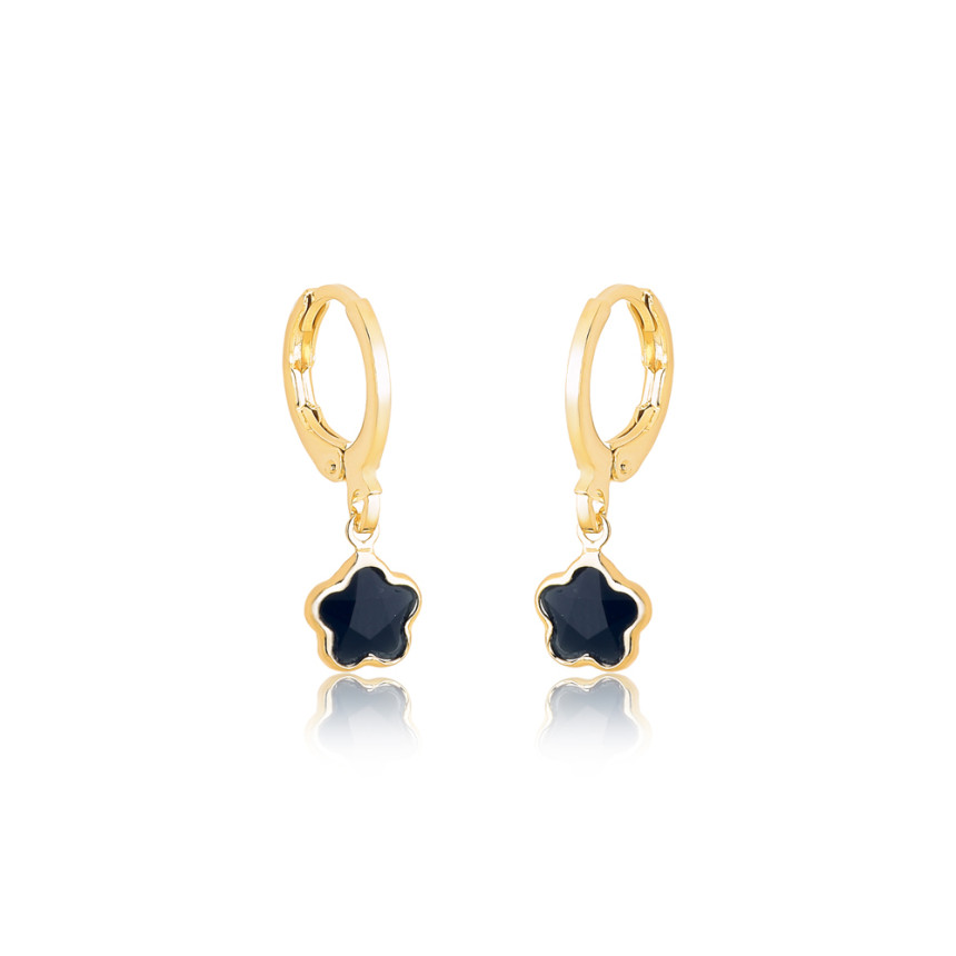 Argola Click Lisa 11mm c/ Pingente Zircônia Ônix Flor Folheada a Ouro 18k