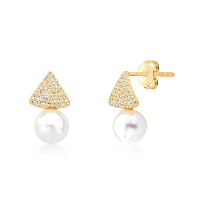 Brinco Triângulo Cravejado c/ Pérola Folheado a Ouro 18k