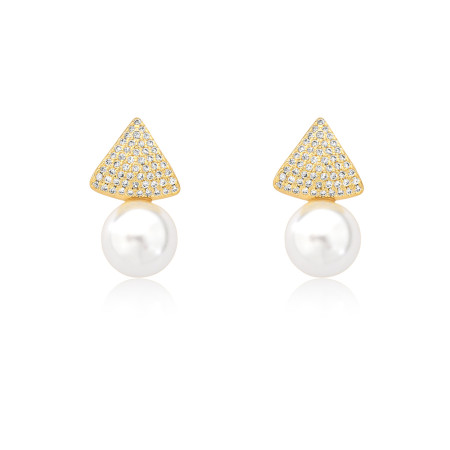 Brinco Triângulo Cravejado c/ Pérola Folheado a Ouro 18k