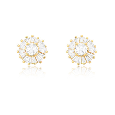 Brinco Fixo Sol Zircônia Redonda e Borda Baguetes Folheado a Ouro 18k