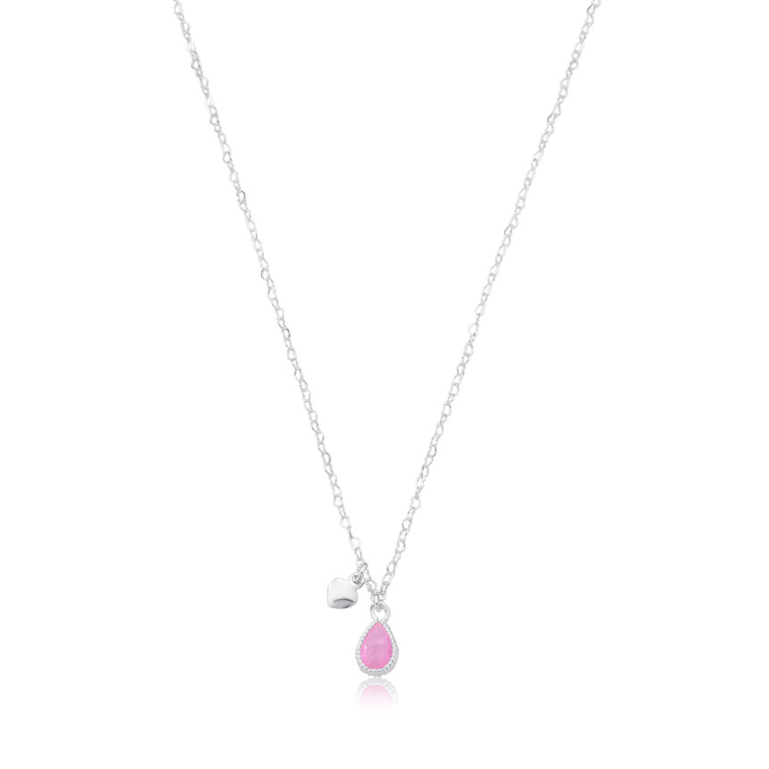 Gargantilha Prata Leve Infantil Zircônia Gota Rosa e Coração Liso