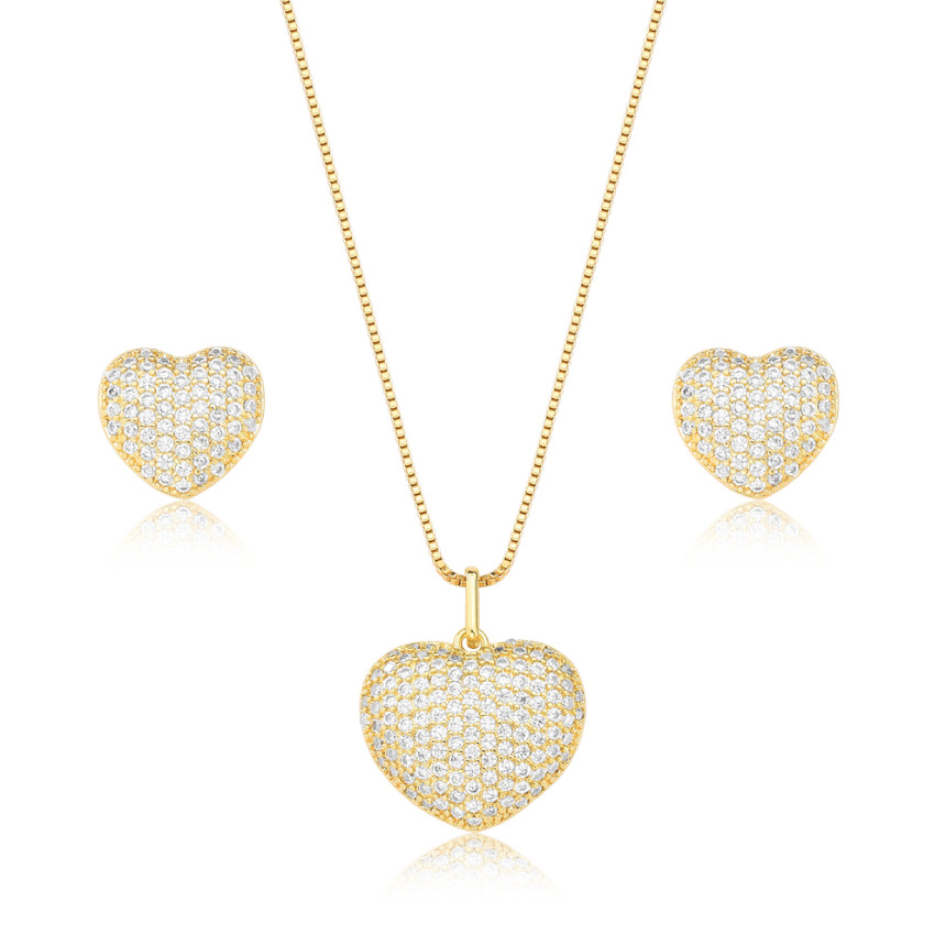Conjunto Coração Cravejado Folheado a Ouro 18K