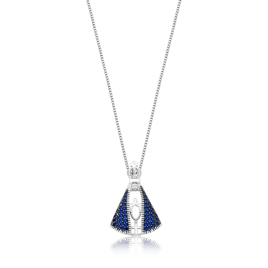 Gargantilha Prata c/ Ródio Nossa Senhora Aparecida Manto Azul Cravejado