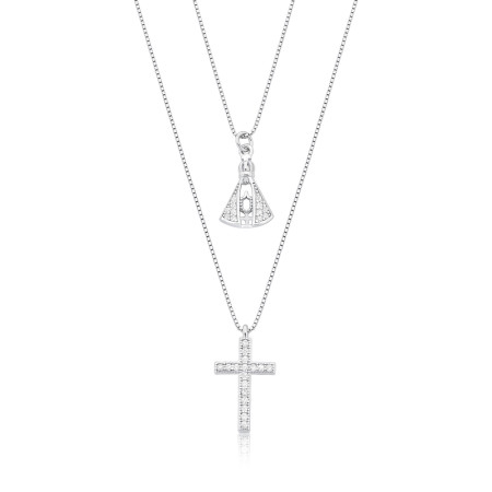 Gargantilha Prata c/ Ródio Dupla Nossa Senhora Aparecida e Cruz