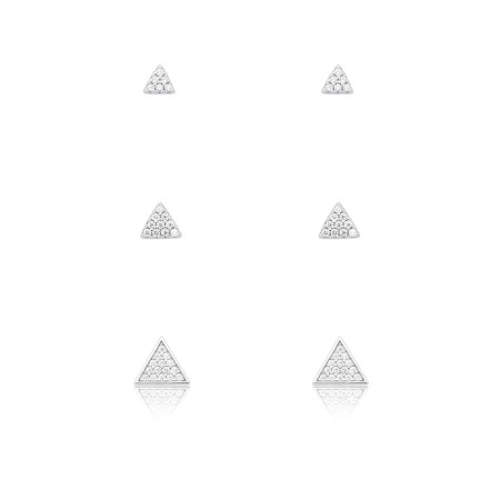 Kit Brincos Prata c/ Ródio Fixos Triângulos Cravejados