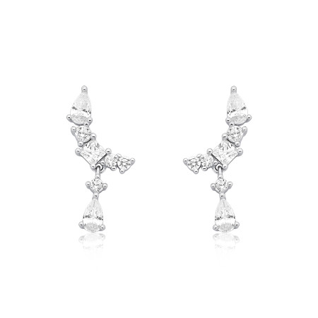 Brinco Prata c/ Ródio Ear Cuff Zircônias Geométricas c/ Pingente Zircônia Gota