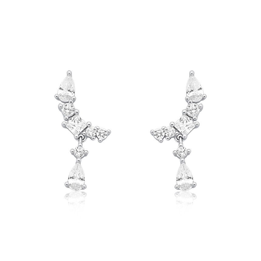 Brinco Prata c/ Ródio Ear Cuff Zircônias Geométricas c/ Pingente Zircônia Gota