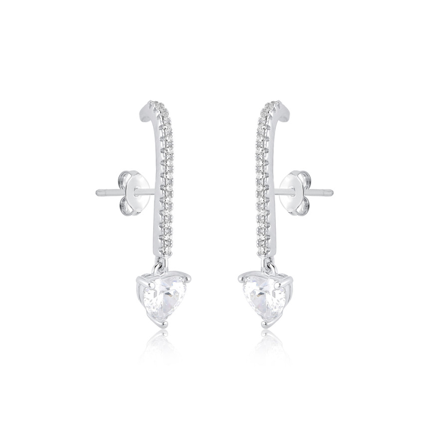 Brinco Prata c/ Ródio Ear Hook Cravejado c/ Pingente Coração