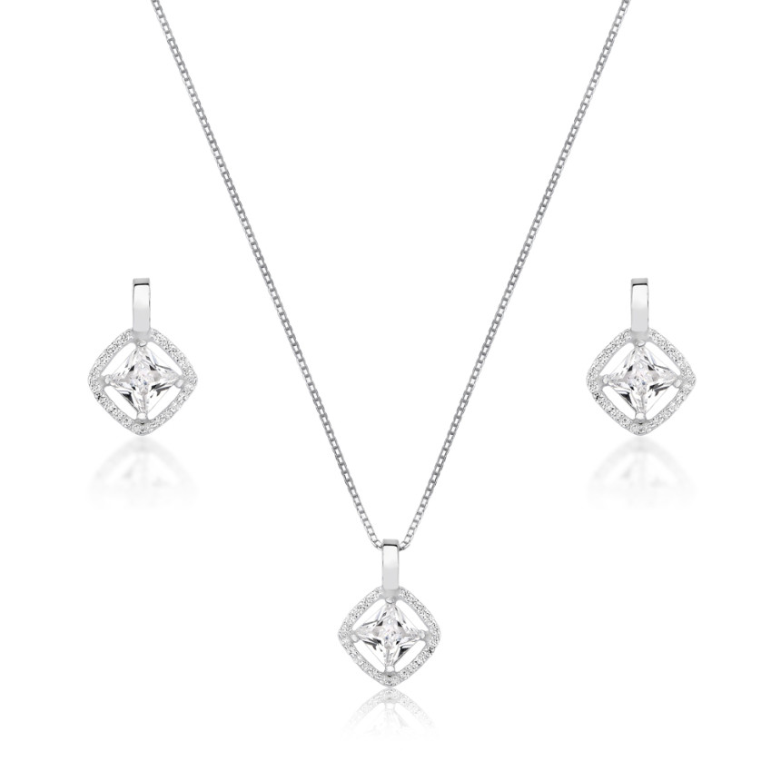 Conjunto Prata Zircônia Quadrada Ponto Luz Borda Vazada Cravejada
