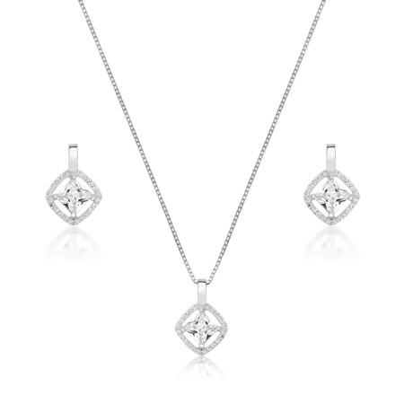 Conjunto Prata Zircônia Quadrada Ponto Luz Borda Vazada Cravejada