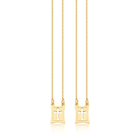 Escapulário Medalhas Vazadas Cruz 60cm Folheado a Ouro 18k