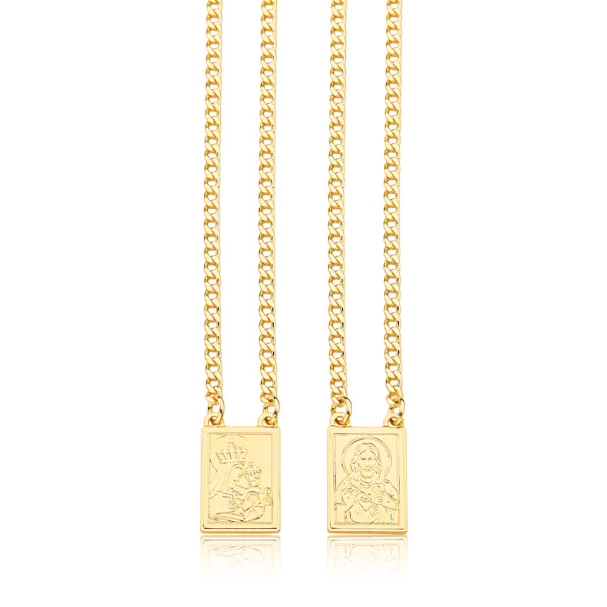 Escapulário Sagrado Coração de Jesus e Nossa Senhora do Carmo 70cm Folheado a Ouro 18k