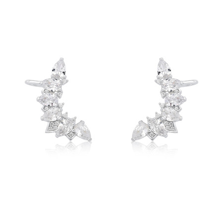 Brinco Prata Ear Cuff c/ Gotas de Zircônias e Detalhes Cravejados