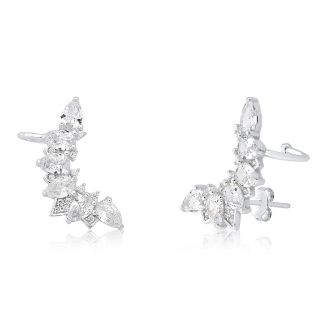 Brinco Prata Ear Cuff c/ Gotas de Zircônias e Detalhes Cravejados
