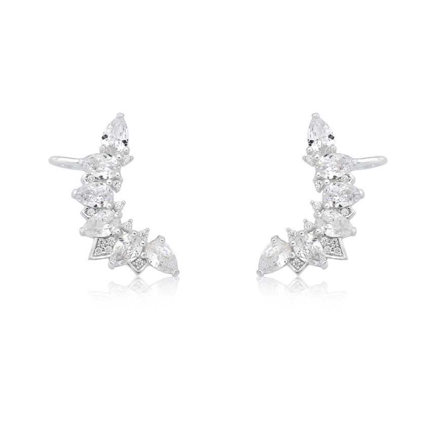 Brinco Prata Ear Cuff c/ Gotas de Zircônias e Detalhes Cravejados