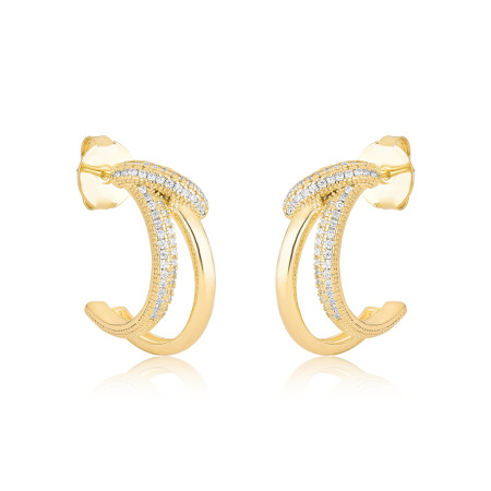 Argola Fio Duplo Liso/Cravejado c/ Detalhe Sobreposto Folheada a Ouro 18k