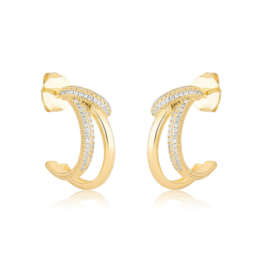 Argola Fio Duplo Liso/Cravejado c/ Detalhe Sobreposto Folheada a Ouro 18k