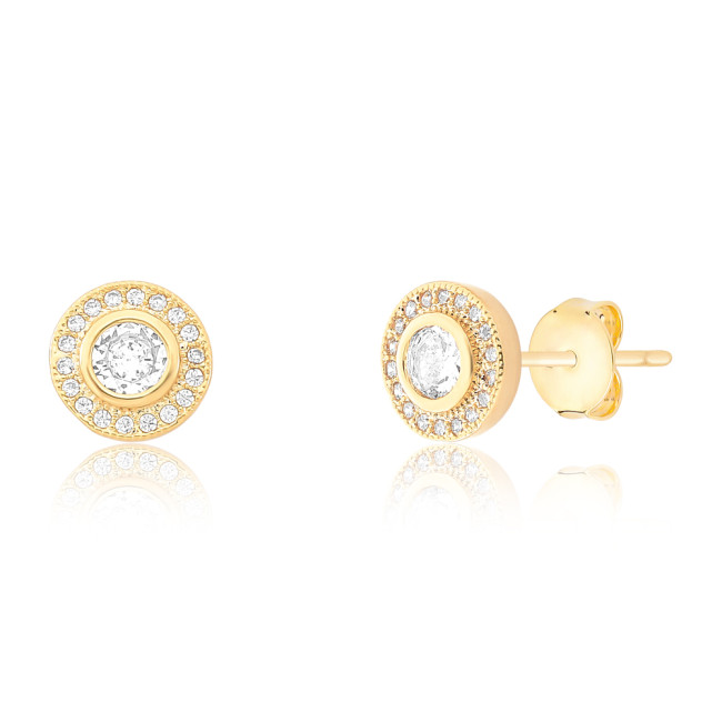Brinco Fixo Redondo Ponto Luz c/ Borda Cravejada 9mm Folheado a Ouro 18k