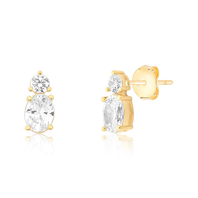 Brinco Fixo Zircônia Oval e Redonda Folheado a Ouro 18k