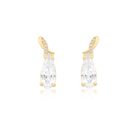 Brinco c/ Gota Zircônia Suspensa e Base Cravejada Folheado a Ouro 18k