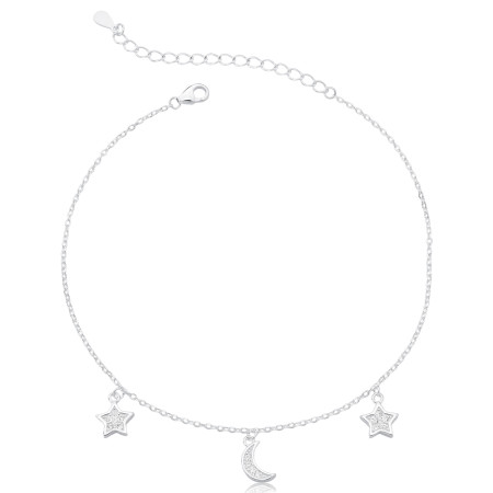 Tornozeleira Prata Cartierzinha Lua e Estrelas Cravejadas