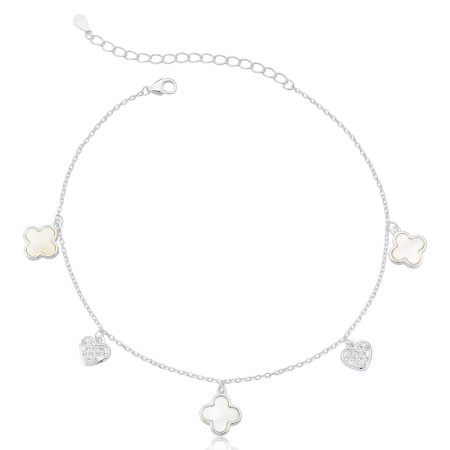 Tornozeleira Prata Cartierzinha Corações Cravejados e Trevo Madrepérola