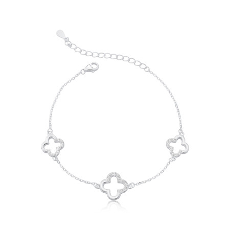 Pulseira Prata Cartierzinha Trevo Vazado com Detalhe Cravejado