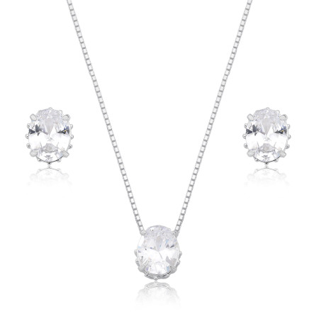 Conjunto Prata Zircônia Oval 10mm Galeria Vazada