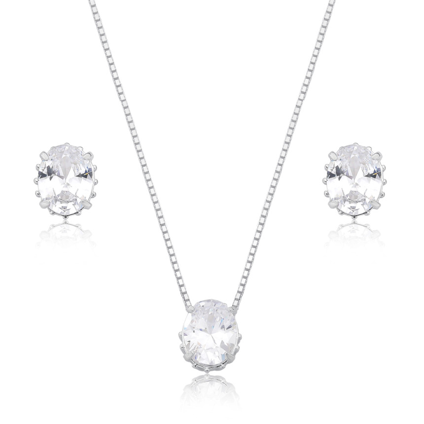 Conjunto Prata Zircônia Oval 10mm Galeria Vazada