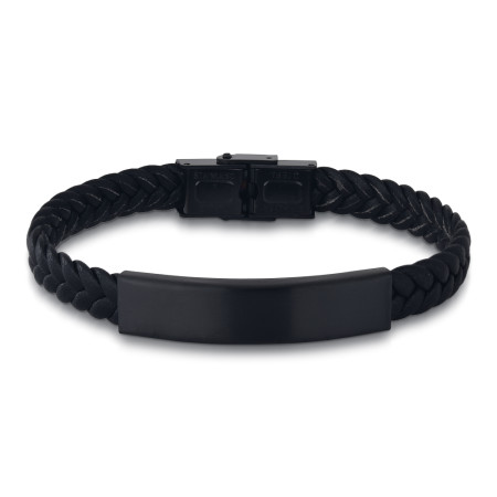 Pulseira Aço Rosso Couro Preto Trançado c/ Placa Black Fosca 9x42mm 20cm