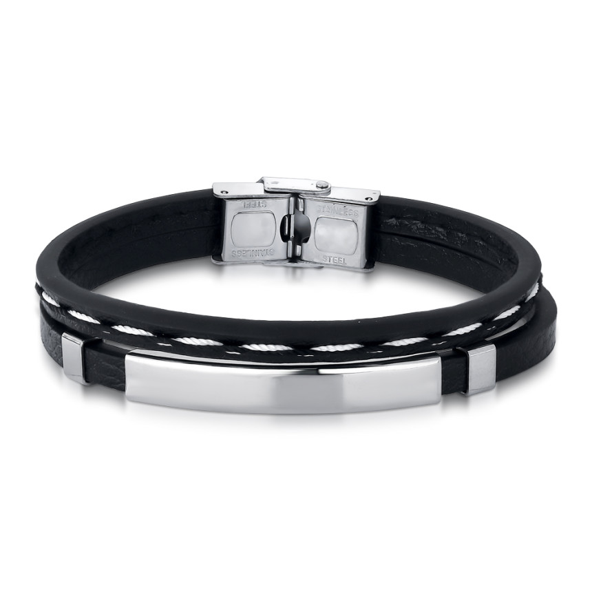 Pulseira Aço Rosso 2 em 1 Couro Preto Duplo c/ Placa  e Detalhe em Linha Branca 21cm