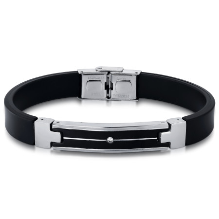 Pulseira Aço Rosso Couro Preto Liso c/ Placa Steel 10x52mm Centro Black com Zircônia 20cm