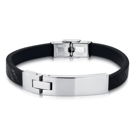 Pulseira Aço Rosso Couro Preto Trabalhado c/ Placa e Divisória Lateral 20cm