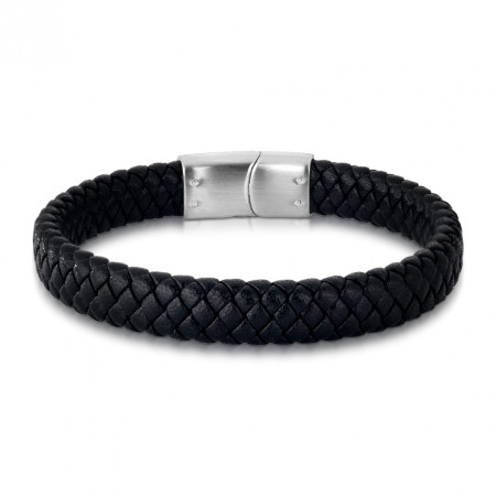 Pulseira Aço Rosso Couro Preto Trançado 10mm c/ Fecho Steel 20cm