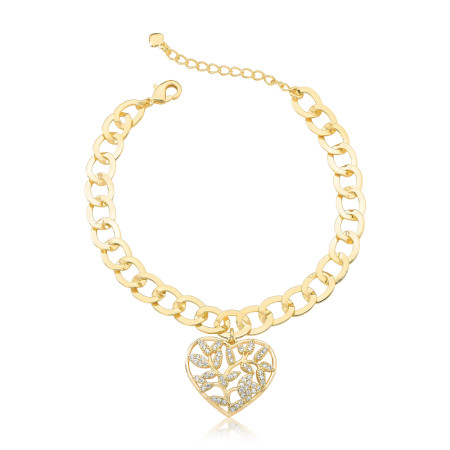 Pulseira Grumet c/ Coração Vazado Folhas Cravejadas Folheada a Ouro 18K