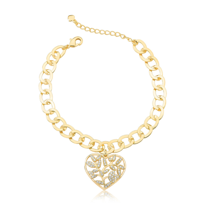 Pulseira Grumet c/ Coração Vazado Folhas Cravejadas Folheada a Ouro 18K