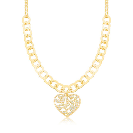 Choker Grumet c/ Coração Vazado Folhas Cravejadas Folheada a Ouro 18K
