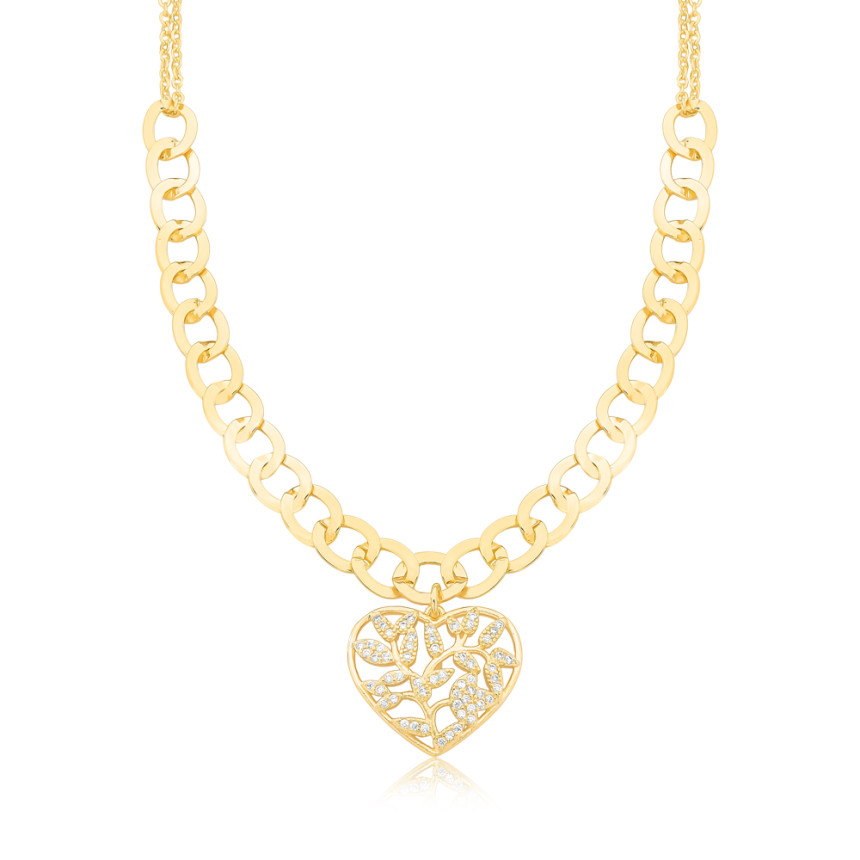 Choker Grumet c/ Coração Vazado Folhas Cravejadas Folheada a Ouro 18K