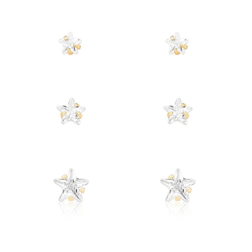 Kit Brincos Fixos Estrelas de Zircônias Folheados a Ouro 18k