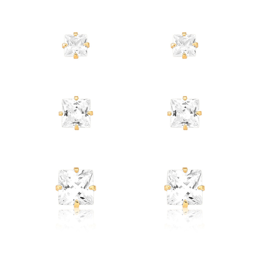 Kit Brincos Fixos Quadrados de Zircônias Folheados a Ouro 18k