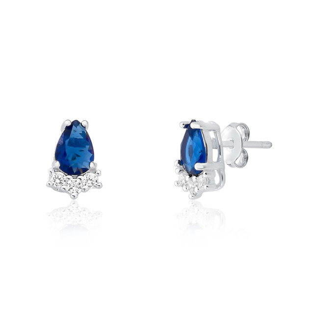 Brinco Prata Fixo Zircônia Gota Safira c/ 3 Pontos Luz