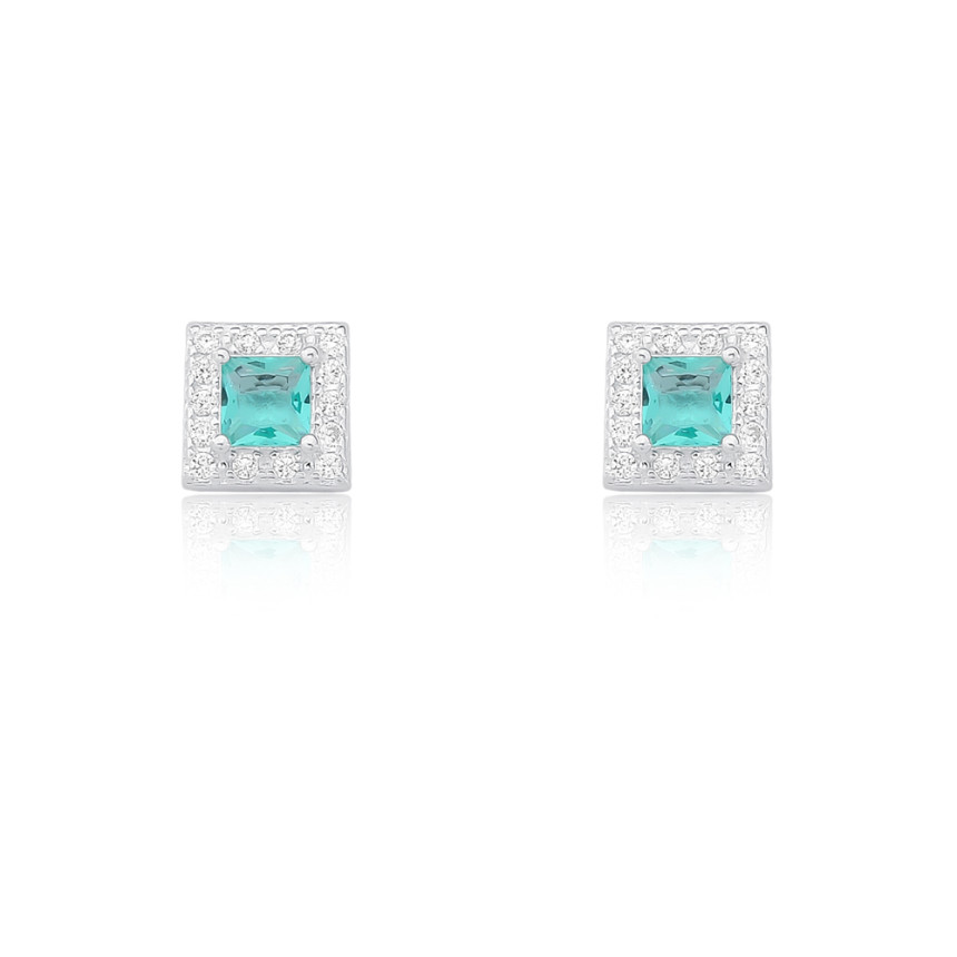 Brinco Prata Fixo Zircônia Verde Paraíba Quadrada Borda Cravejada 8mm