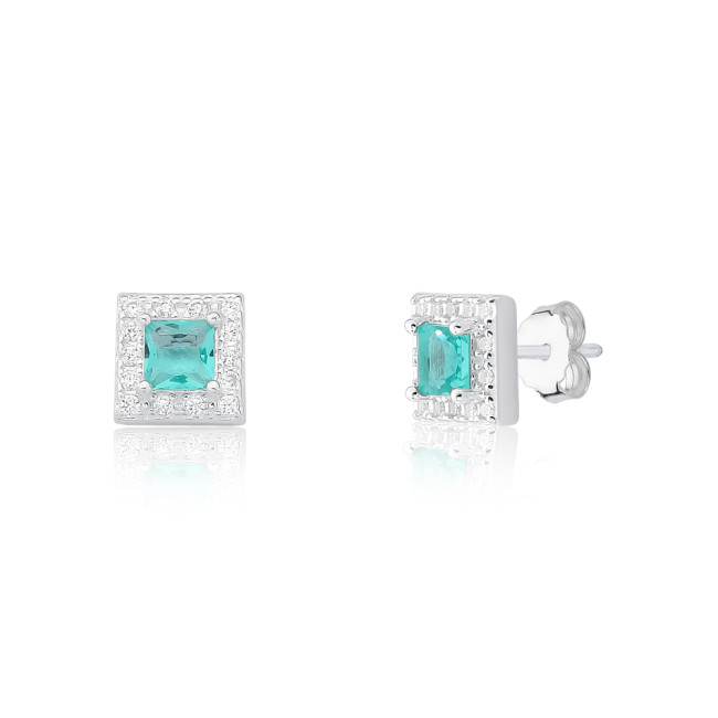 Brinco Prata Fixo Zircônia Verde Paraíba Quadrada Borda Cravejada 8mm