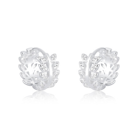 Argola Prata Click Folhinhas Lisas e Cravejadas12mm