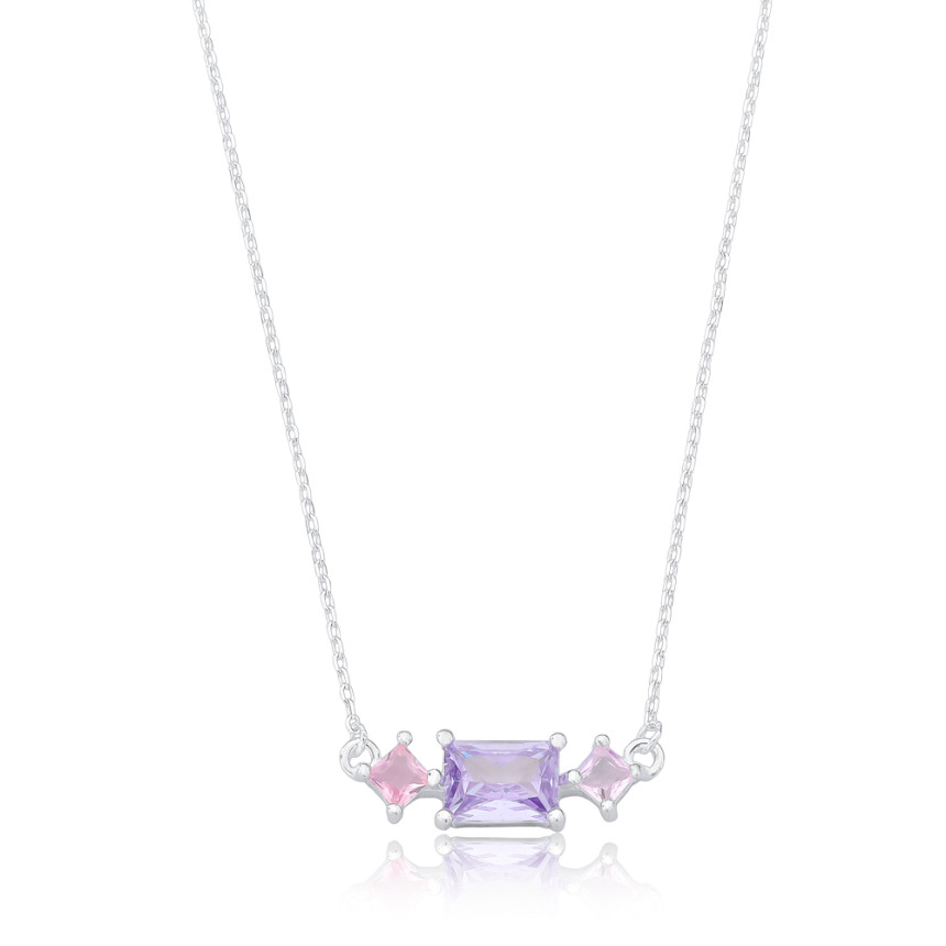 Gargantilha Prata Cartierzinha Zircônias Retangular Lavanda e Quadradas Rosa