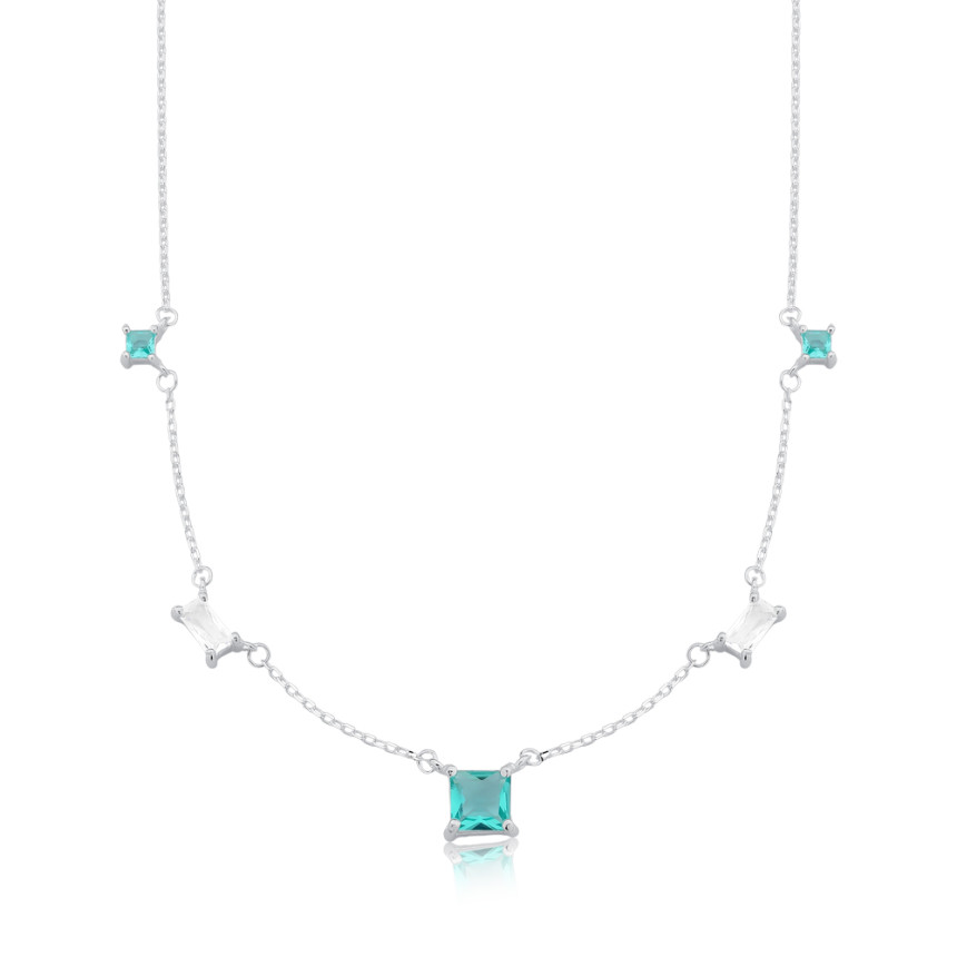 Gargantilha Prata Cartierzinha Zircônias Quadradas Verde Paraíba e Retangulares Cristal