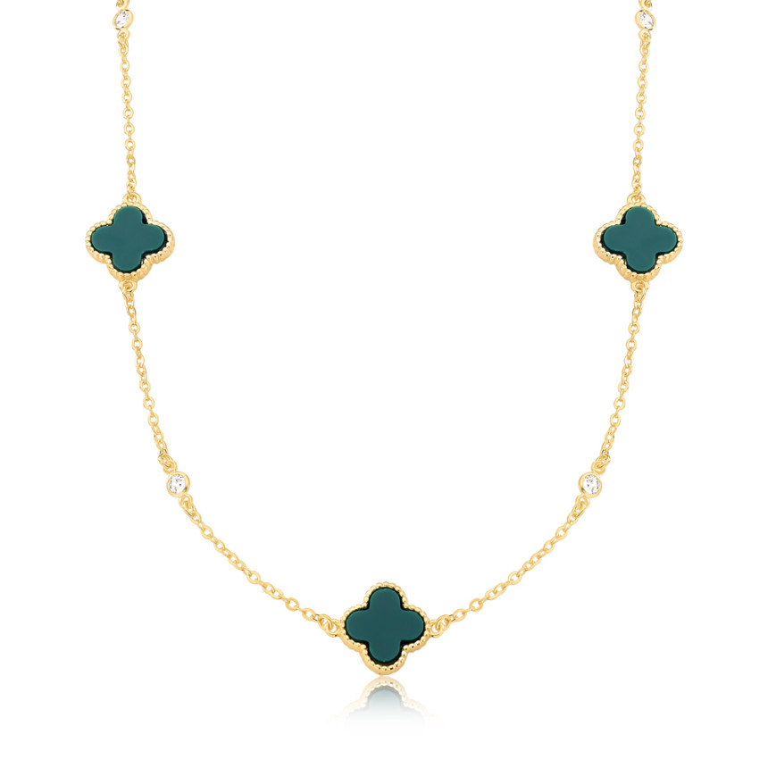 Gargantilha Cartierzinha Trevo Acrílico Verde e Pontos Luz Folheada a Ouro 18k
