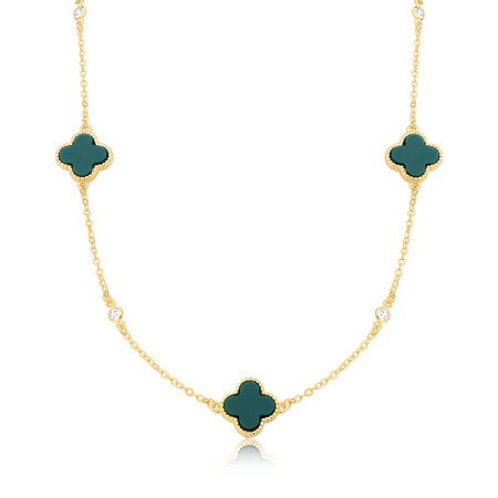 Gargantilha Cartierzinha Trevo Acrílico Verde e Pontos Luz Folheada a Ouro 18k