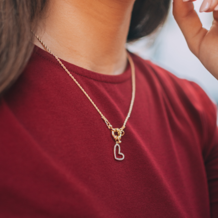 Gargantilha Cordão Baiano c/ Coração Vazado Cravejado Fecho Boia Folheado a Ouro 18k