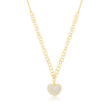 Gargantilha Cartierzinha c/ Elos e Coração Cravejado Folheada a Ouro 18k